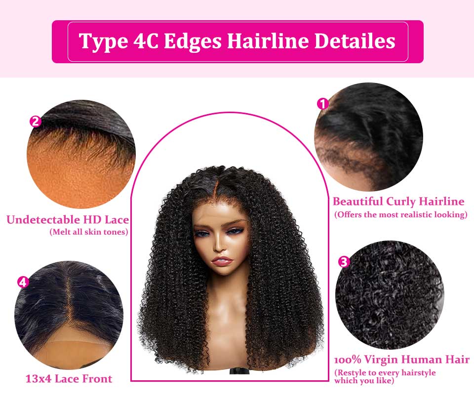 New Transparent 13x4 Lace Front Wig Kinky Curly Wigs With Natural 4C Edges Curly Baby Hair