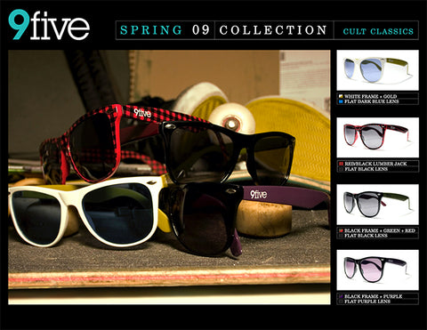 9FIVE Cult Classic Sunglasses stacked on top of a skateboard