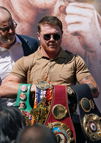 Canelo wearing 9FIVE 50-50 Black and Gold Sunglasses