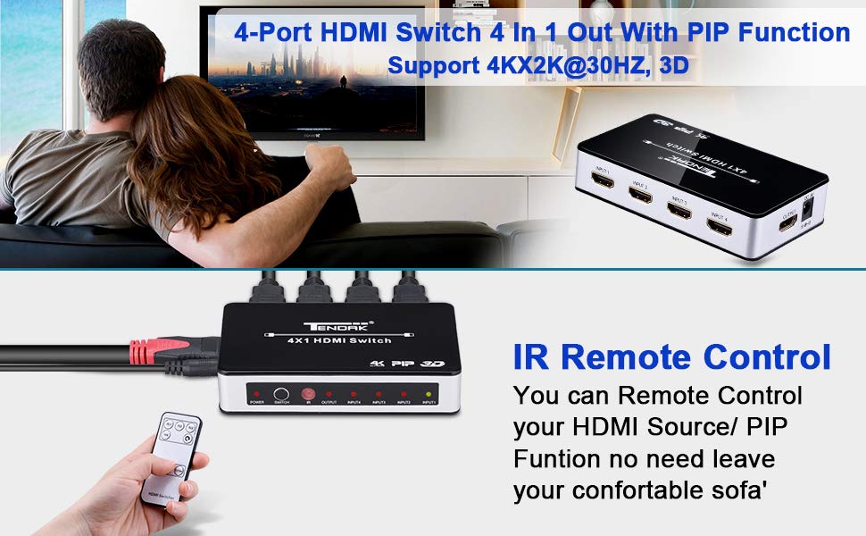 HDMI Switch 4×1 with PIP Auto Switch Off/On Support HDCP Full HD 4K 3D 1080P