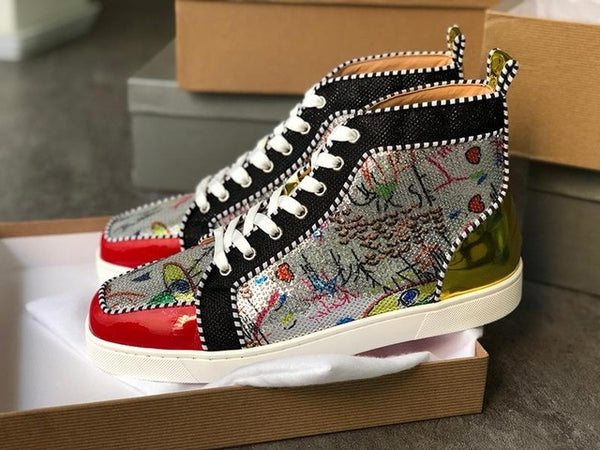 red bottom high top sneakers