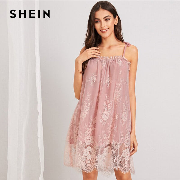 SHEIN SXY Layered Ruffle Trim Asymmetrical Hem Satin Cami Dress