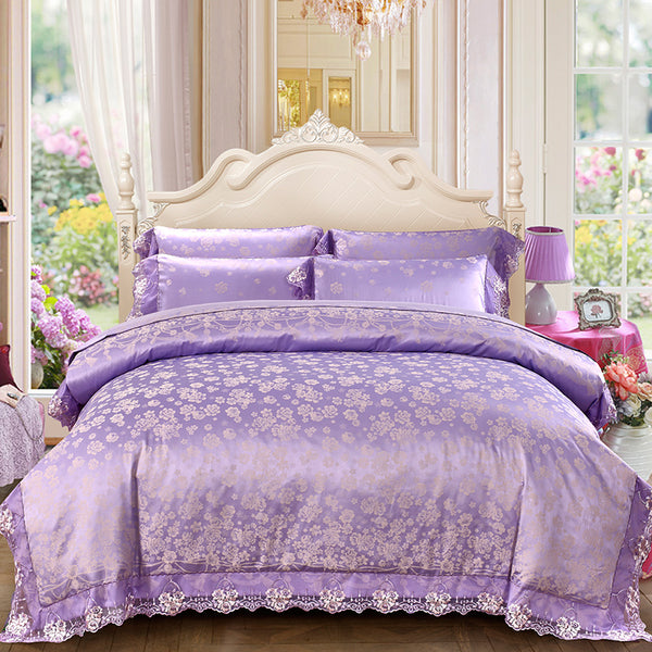 Sliver Golden Luxury Queen King Size Bedding Sets Lace Silk Satin