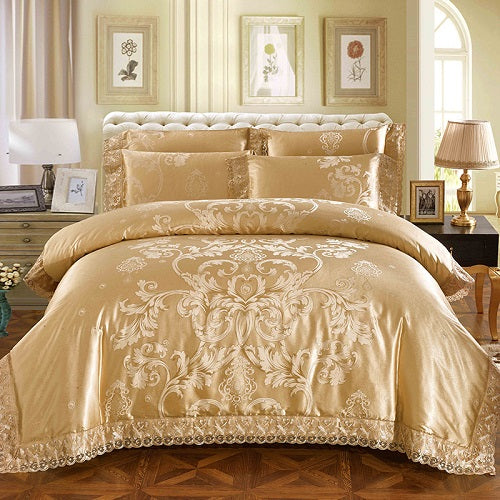 Sliver Golden Luxury Queen King Size Bedding Sets Lace Silk Satin