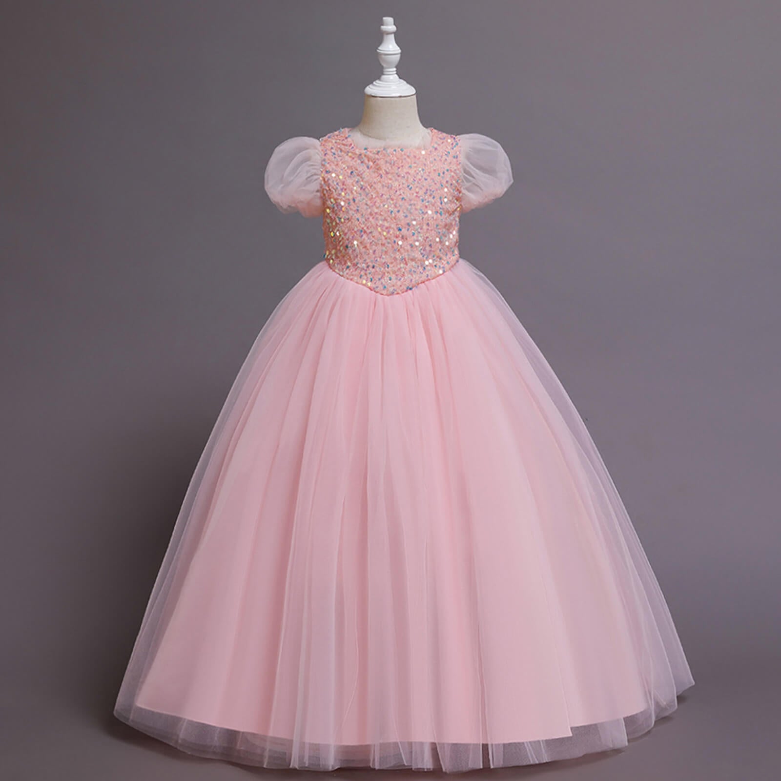 Elegent Girls Pageant Dresses Puff Sleeve Sequins Formal Tulle Maxi Dr ...