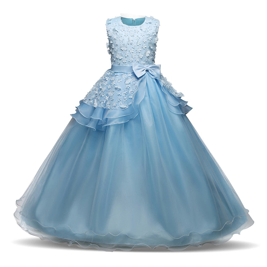 Girls Pageant Long Party Dress Floral Bow Graduation Gown Prom Dresses ...