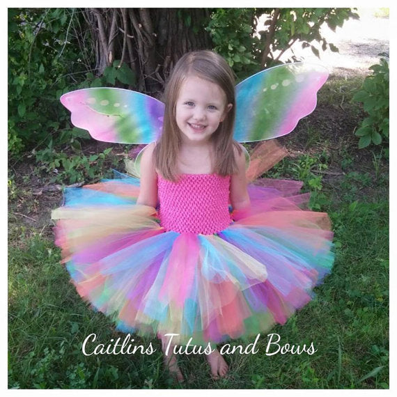 Girls Rainbow Tutu Dress Fluffy Tulle With Butterfly Wing Cosplay Cost ...