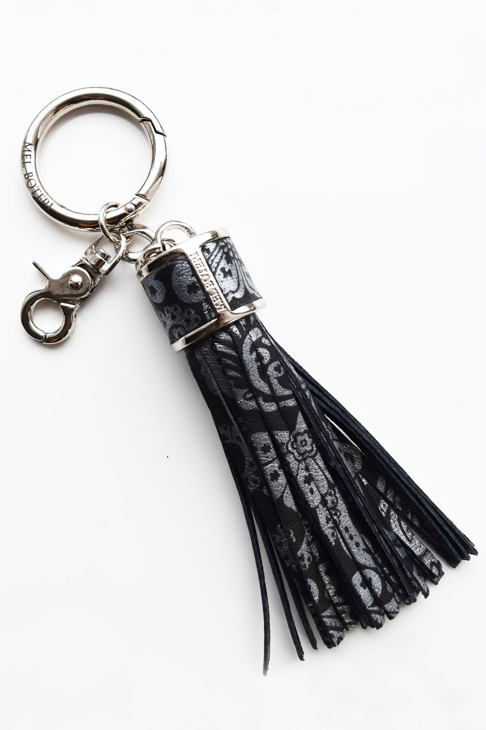 Mel Boteri | Black Scroll Leather Tassel Bag and Key Charm | Front