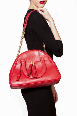 Red Smooth Leather 'Marissa' Small Tote Handbag | Mel Boteri | On Model With Shoulder Straps