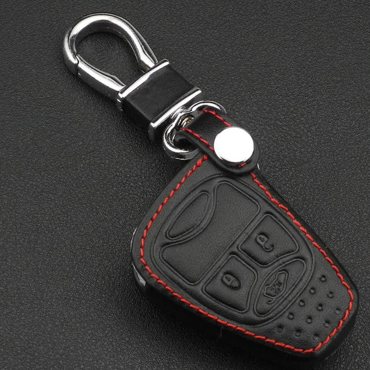 3W Key Fob Cover Case 4 Buttons for Dodge Ram Genuine Leather with Keychain 360° Protection