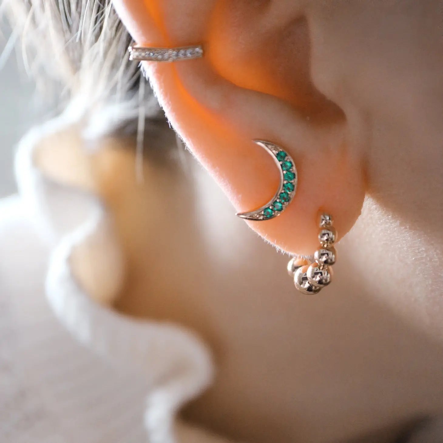 JUNK JEWELS | Jewelled Moon Crescent Earrings | Silver