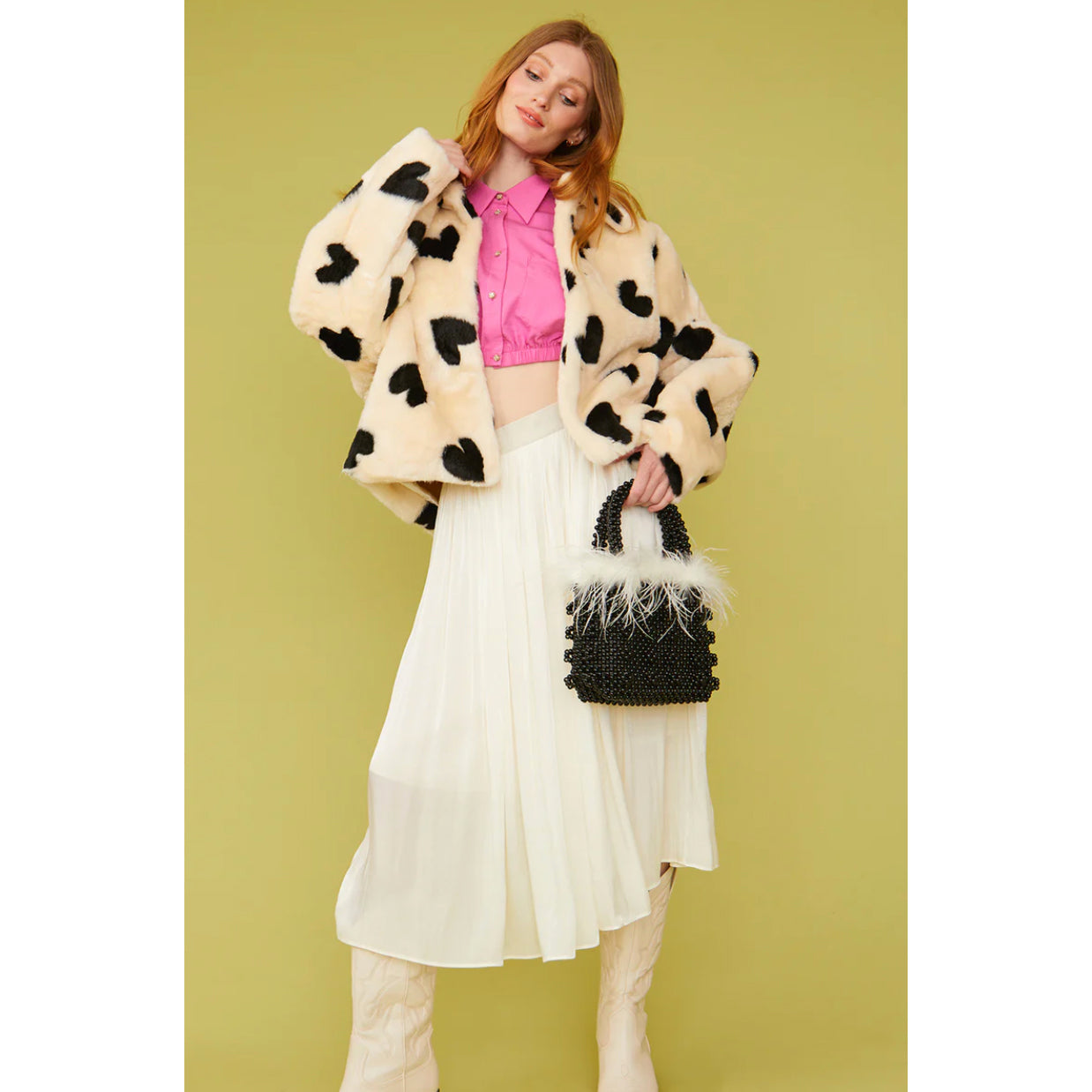 JAYLEY | Faux Fur Hand Painted Love Heart Jacket | Cream