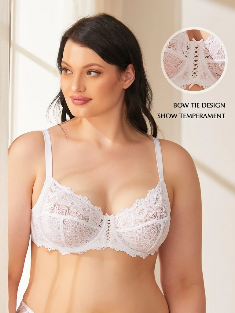 Full Coverage Sheer Lace Underwire Plus Size Bra White