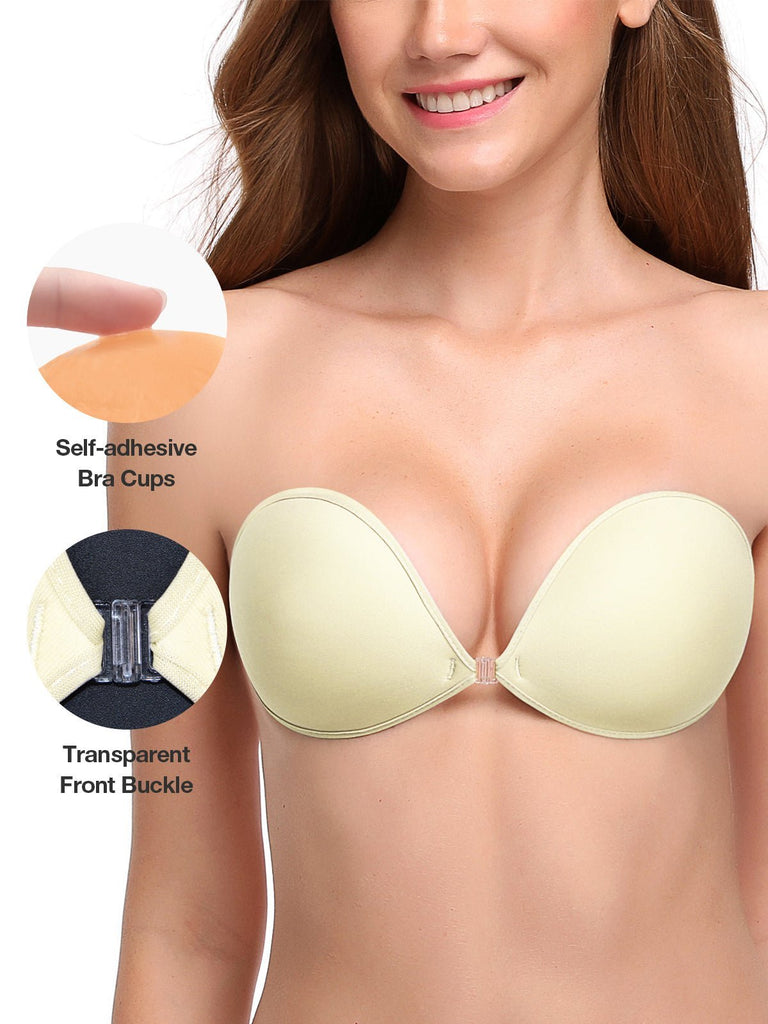 SAYFUT Women's Strapless Push Up Invisible Sticky Bra Silicone Reusable  Self Adhesive Backless Bra for Dress Halter, Beige/ Black