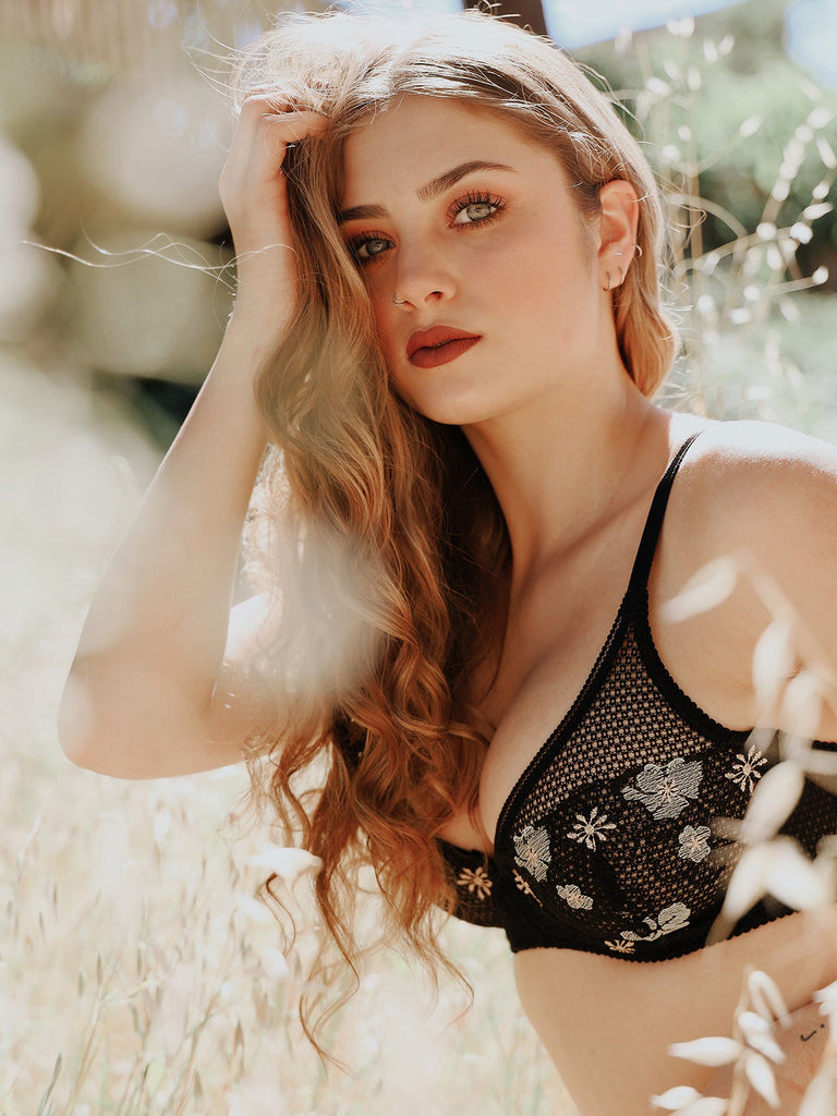 Floral Embroidered Demi Bra Black – WingsLove