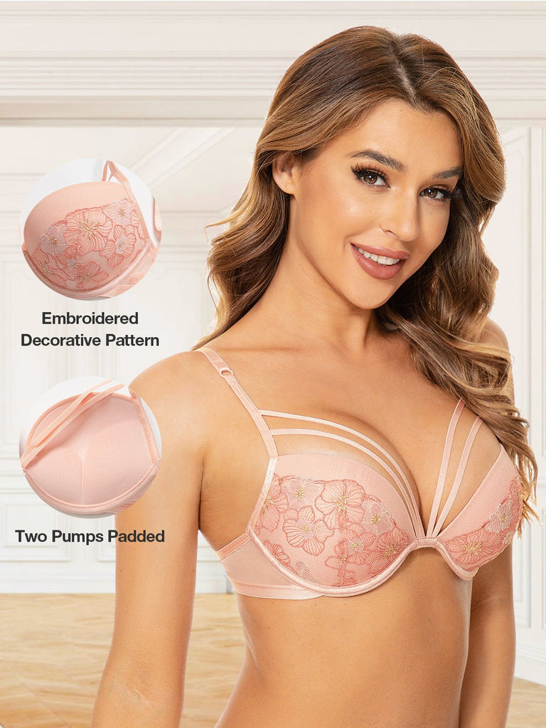 Floral Embroidered Plus Size Minimizer Balconette Push Up Bra With