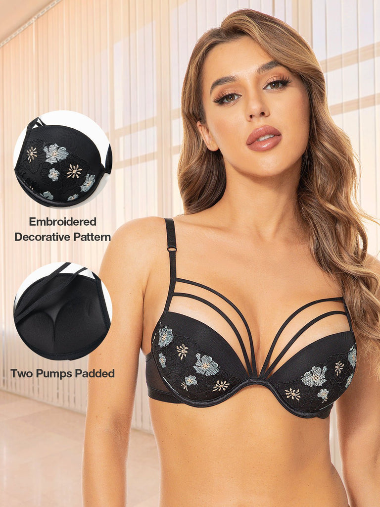 Push-up Front Closure Demi Bra - Floral embroidery