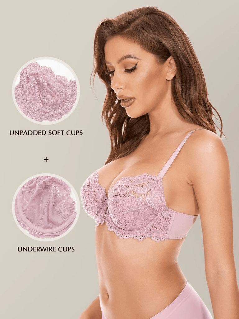 Womens Full Coverage Floral Lace Underwired Bra Plus Size Non Padded  Comfort Bra 48J Pink