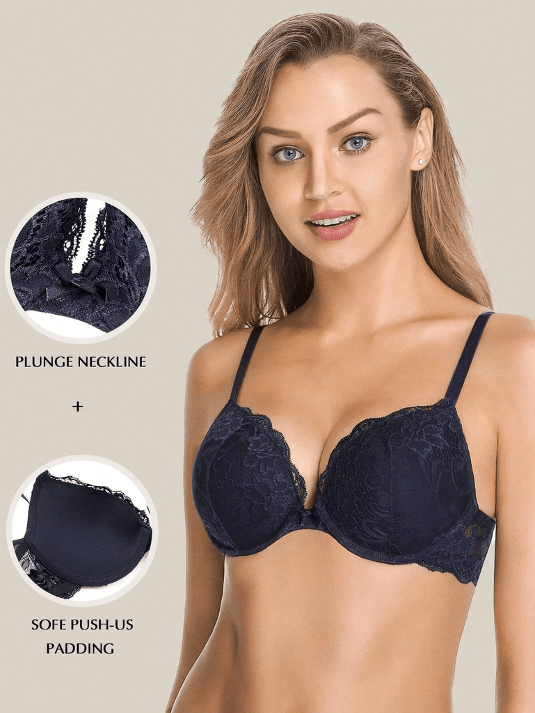 Push Up Floral Lace Bra Lightly Padded Comfort Demi Plunge – WingsLove