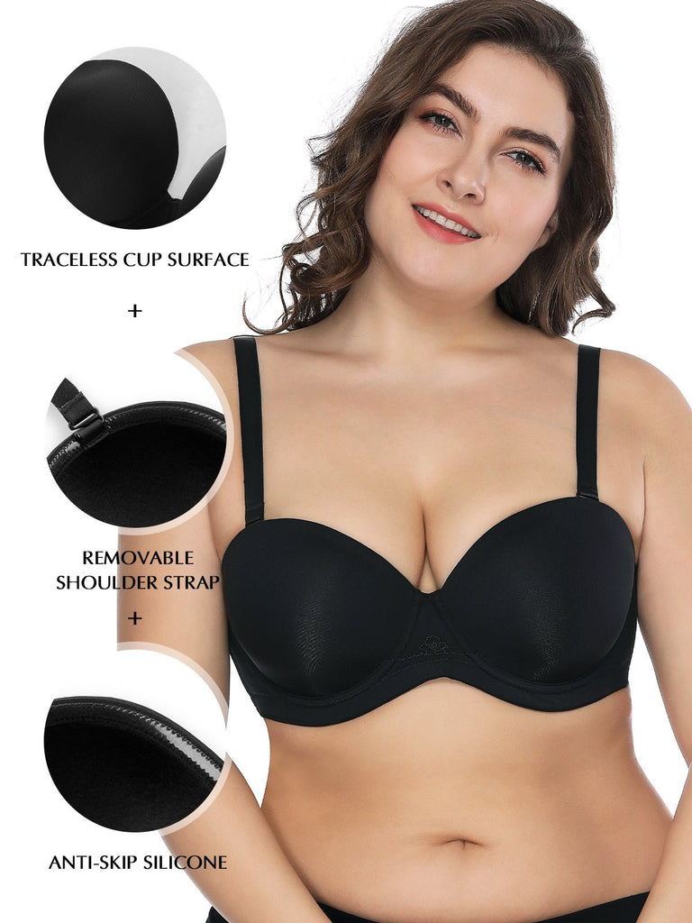  Womens Underwire Contour Multiway Full Coverage Strapless Bra  Plus Size Black 42F