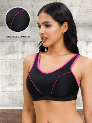 High Support Non Padded Fashion Sports Bra Black, WingsLove