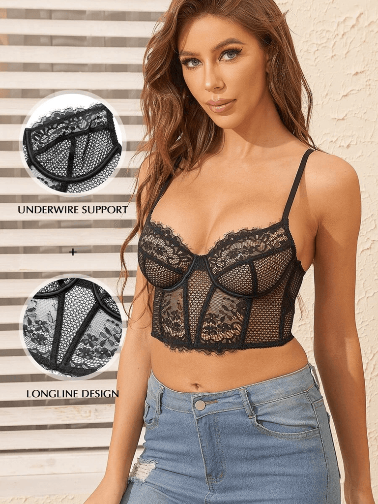 Strapless Bra Longline Corset Push Up Boned Underwire Sexy Sheer Mesh Lace-Trim  White – WingsLove