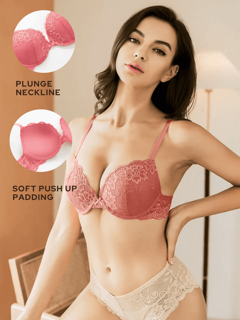 Floral Lace Push-Up Lightly Padded Demi Plunge Underwire Bra Green