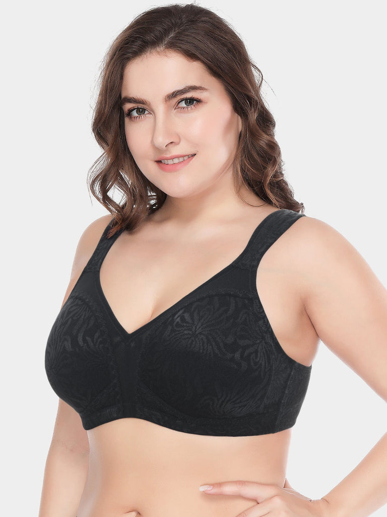Big Cup Embroidered Non-wired Bra Plus Size Full Coverage Underwear  Breathable Thin Brassiere New-XL/Black