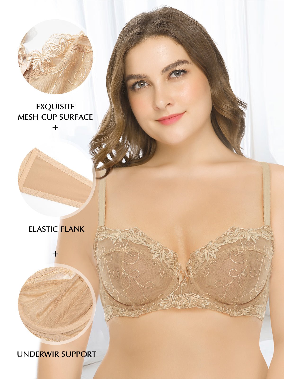 3Pcs Women's Sexy Lace Bra See Through Minimizer Bras Plus Size Sheer  Underwire 