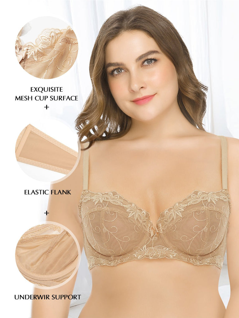 Wingslove Women's Push Up Sexy Lace Bra Comfort Non Padded Full Coverage  Underwire Unlined Bra Plus Size Bralette,Beige 42C 