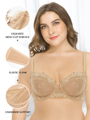 Plus Size See Through Unlined Underwire Lace Bra Nude, WingsLove