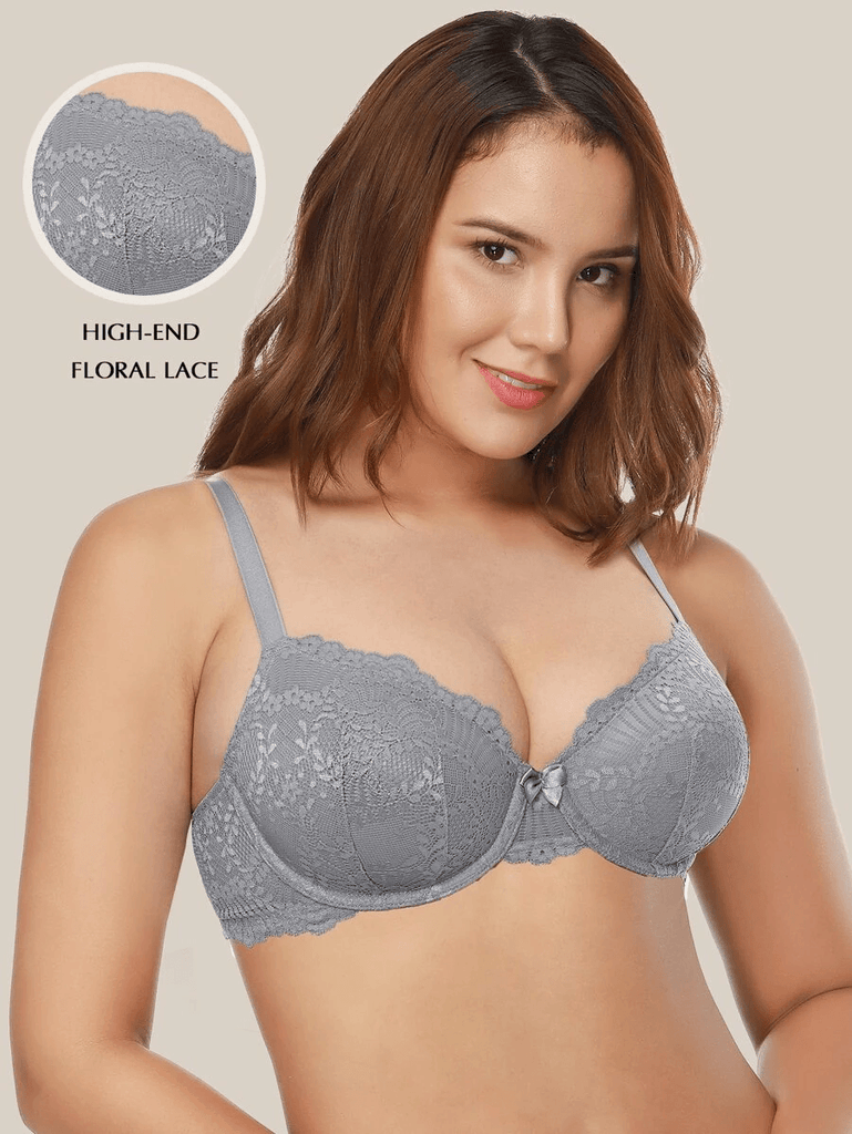 Womens Full Coverage Floral Lace Underwired Bra Plus Size Non Padded  Comfort Bra 40G Grey