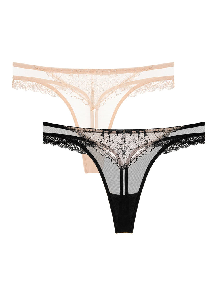 Sexy Lace Embroidered Thong Panty T Back Low Waist Nude