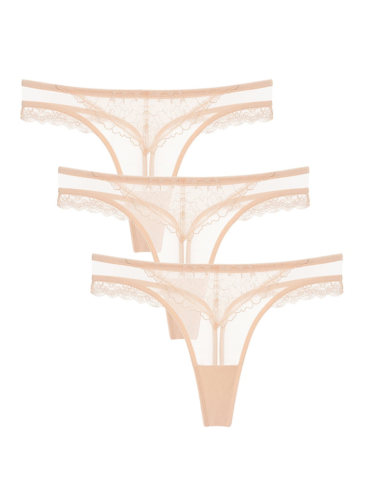 Sexy Lace Embroidered Thong Panty T Back Low Waist Nude