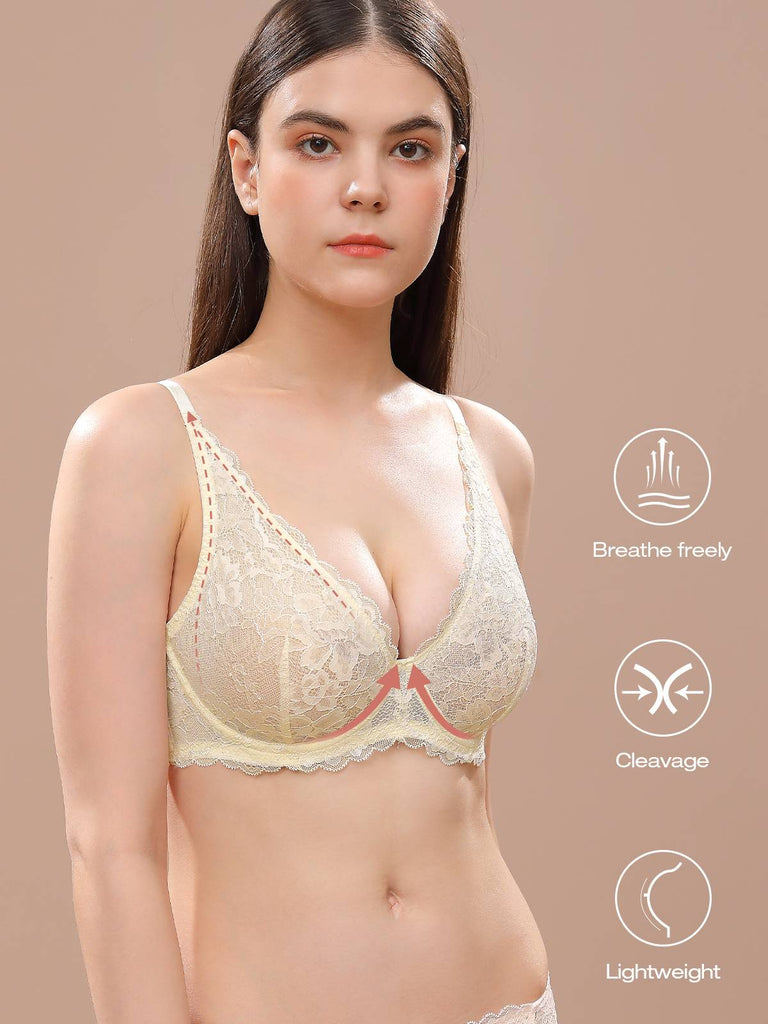 Buy Women's Adjustable Sports Front Closure Extra-Elastic Breathable Lace  Trim Bra (85C,Beige) at