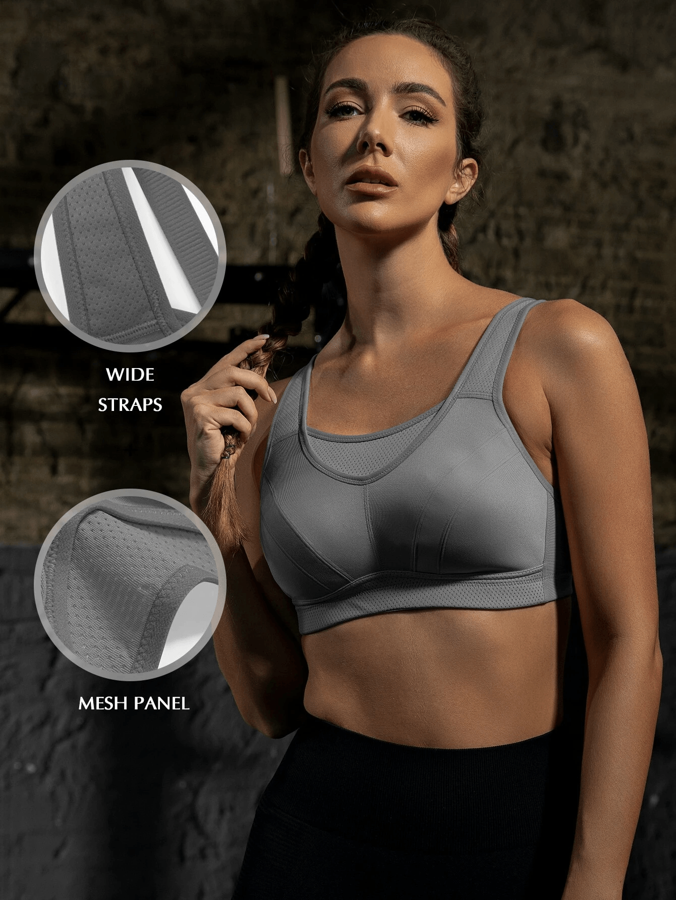 Full Coverage Solid Absorb Wirefree Breathable Sports Bra Grey