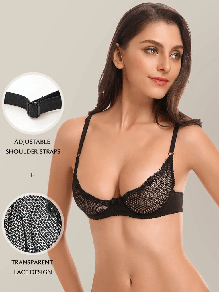 WingsLove Women's Sexy 1/2 Cup Balconette Mesh Underwired Lace Bra