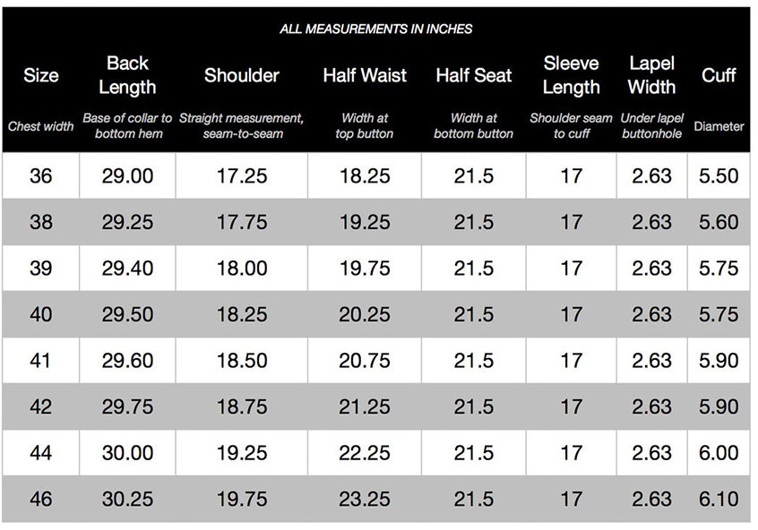 Sports Coat Size Chart