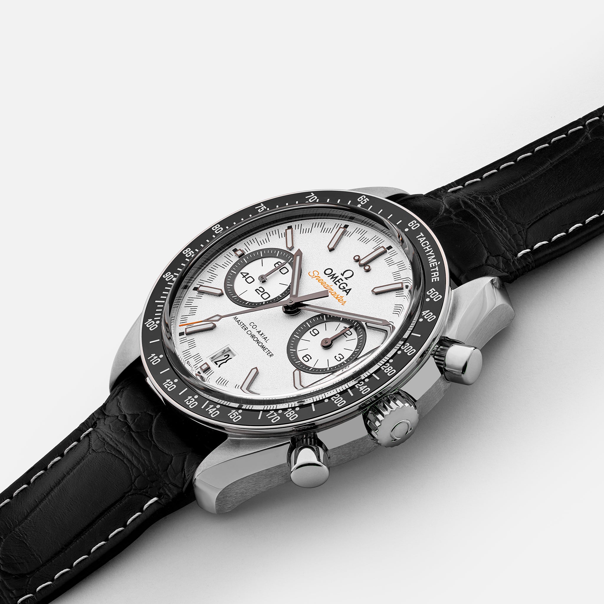 Omega Speedmaster Racing Co Axial Master Chronometer Chronograph 44 25mm White Dial On Strap Hodinkee Shop