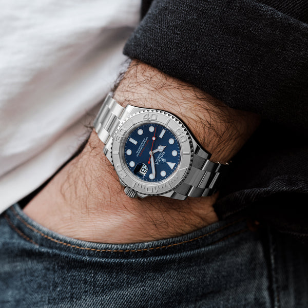 yacht master blue dial on wrist