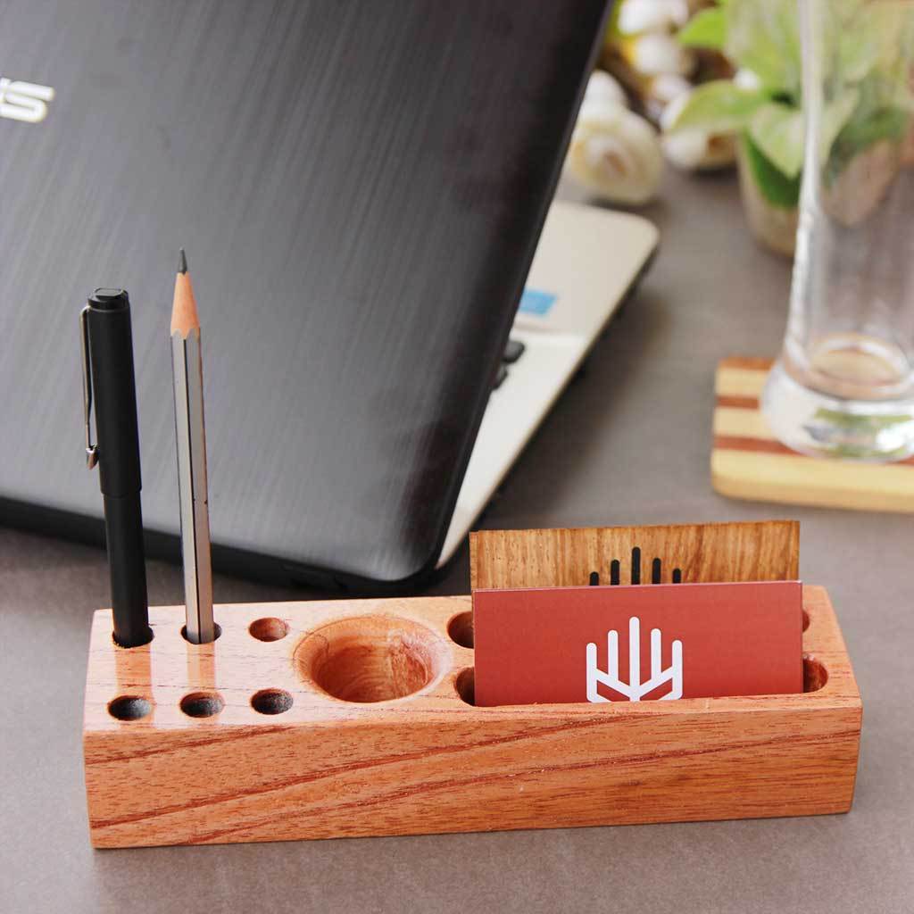 Wooden Table Organizer With Pen Stand & Visiting Card Holder
