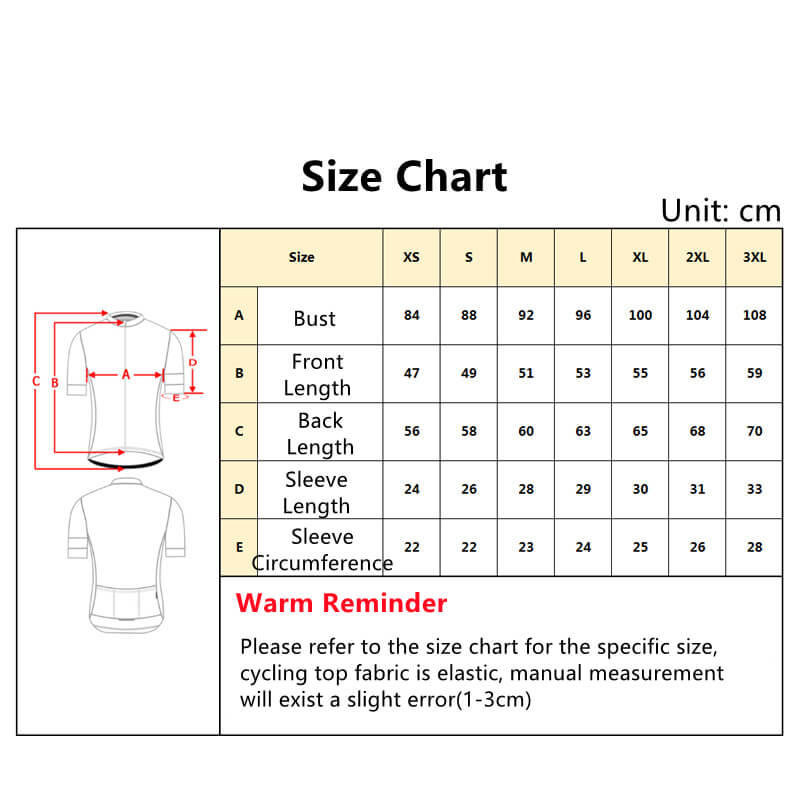 Men's Short Sleeve Tops Cycling Jersey Size Chart