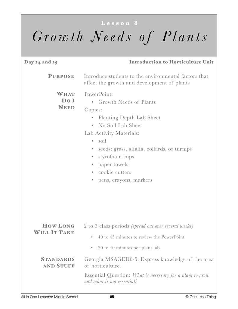 6 08 Growth Needs Of Plants Lesson Plan Download One Less Thing