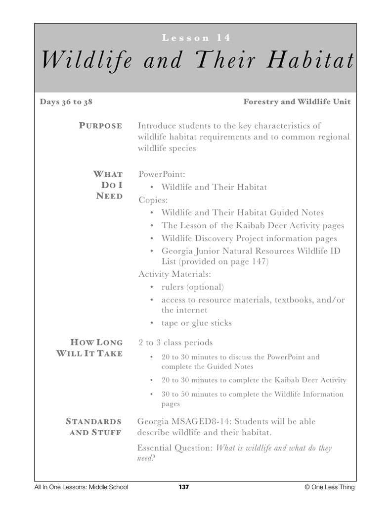 8-14 Wildlife and Their Habitat, Lesson Plan Download - One Less Thing