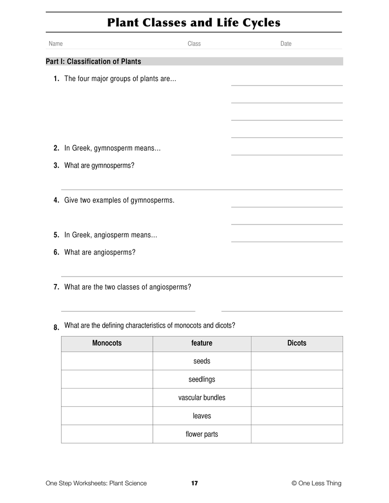 plant science one step worksheet downloads one less thing