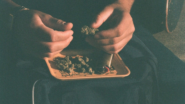 Close up of someone breaking up cannabis on a rolling tray