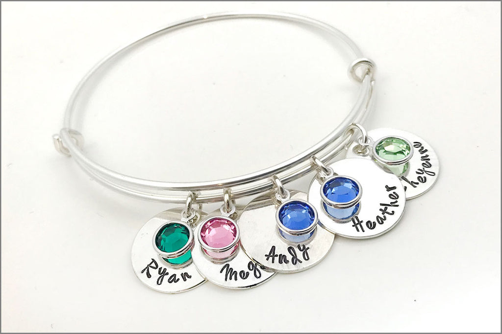 Personalized Sterling Silver Bangle Bracelet | Name Charm Bracelet, Birthstone Charm Bracelet ...