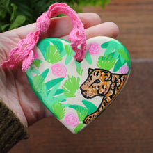 Load image into Gallery viewer, Leopard and roses hand painted ceramic heart by Laura Lee Cornwall