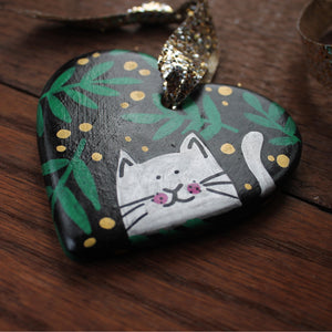 Black Cat Heart  - Hand Painted - Ceramic - Ornament - Cat Decoration