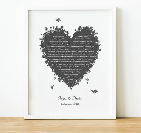 Personalised Anniversary Gifts | Heart Song Lyric Print